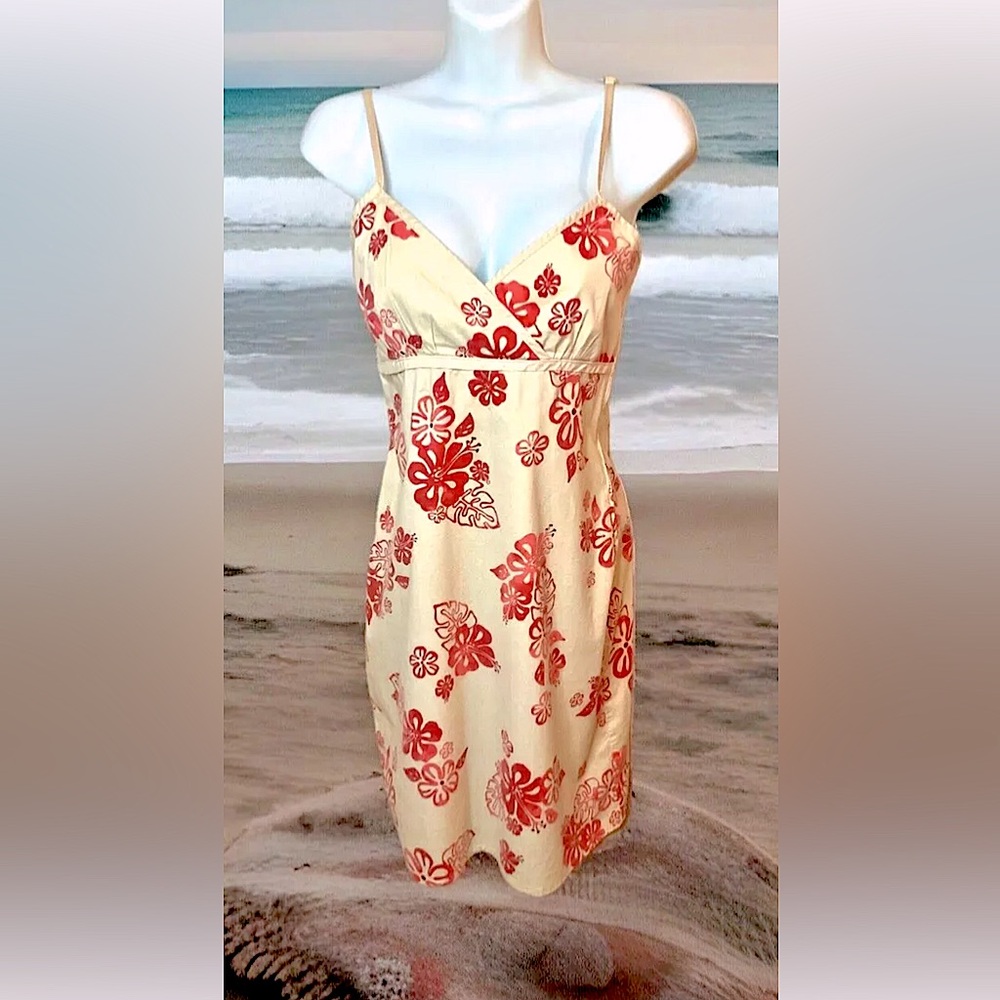 🌺TILT🌺 VTG SIDE ZIP STRETCH HAWAIIAN FLORAL ADJUSTABLE STRAPS MINI SUNDRESS EUC